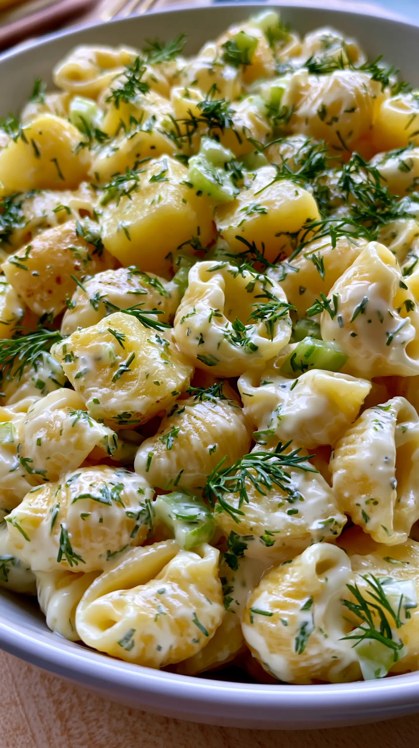Creamy Dill Potato and Macaroni Salad Serving suggestion for Creamy Dill Potato and Macaroni Salad — potato and macaroni salad