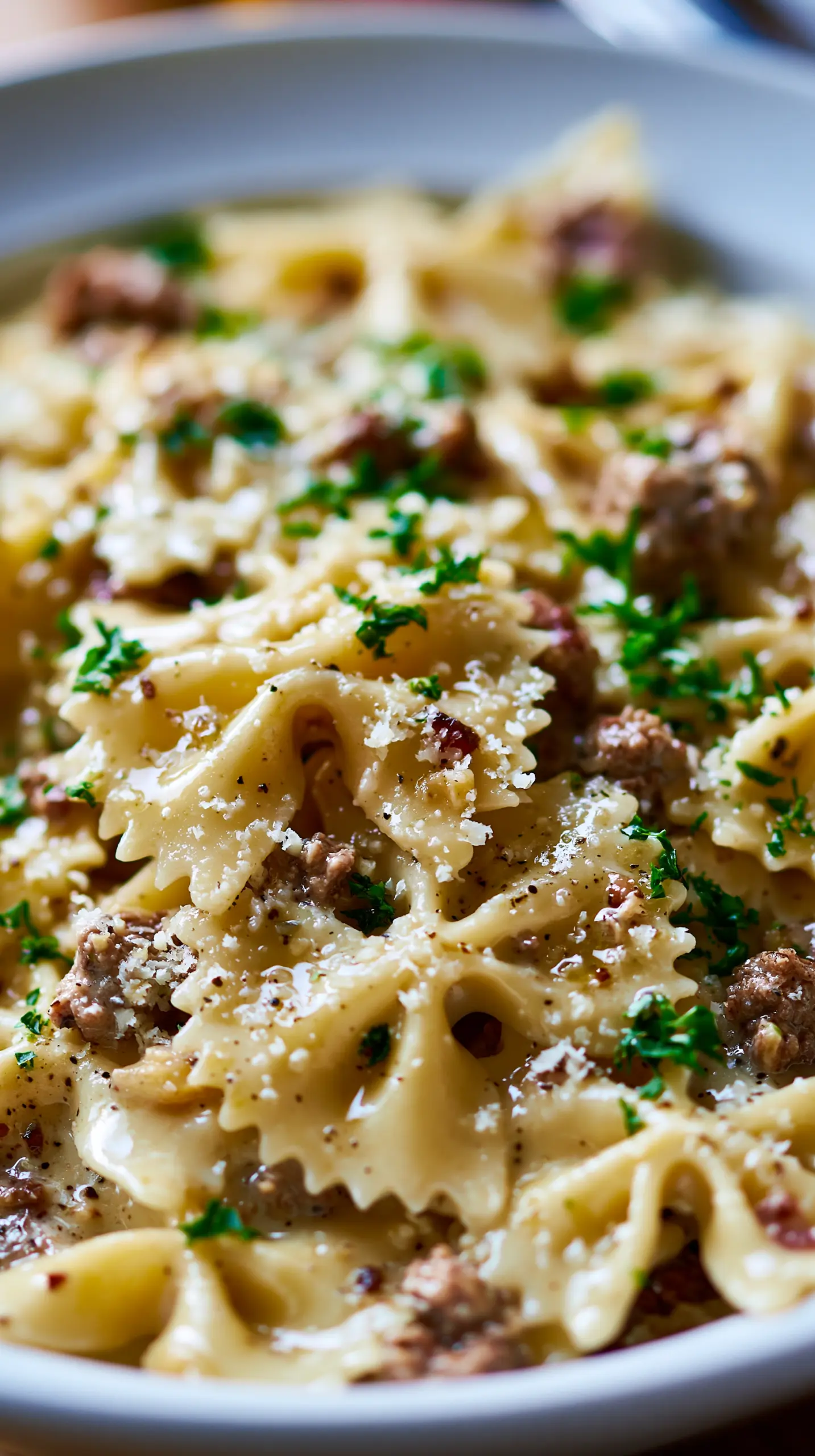 Creamy Parmesan Garlic Beef Bowtie Pasta Serving suggestion for Creamy Parmesan Garlic Beef Bowtie Pasta — Creamy Parmesan Garlic Beef Bowtie Pasta
