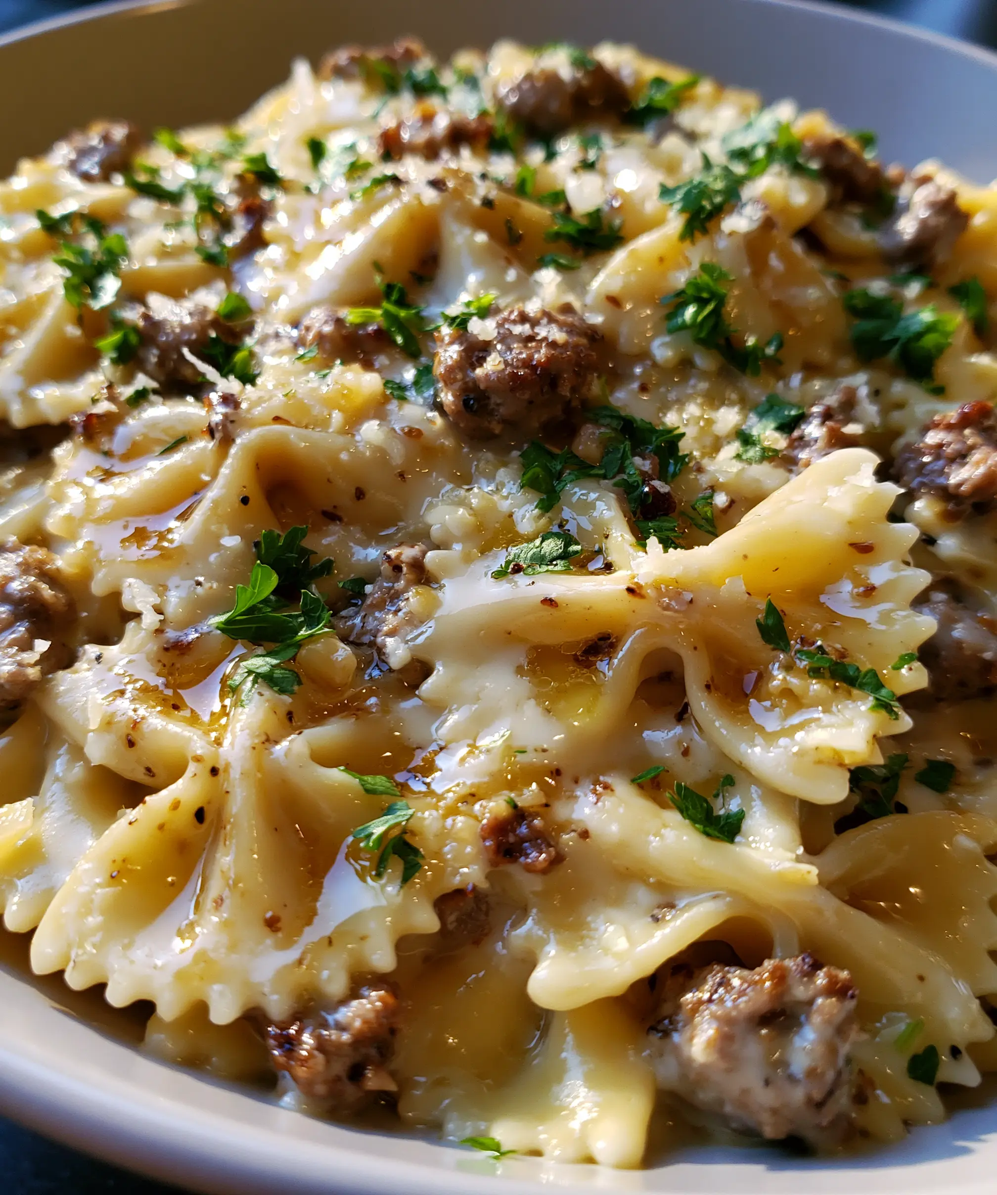 Creamy Parmesan Garlic Beef Bowtie Pasta — homemade Creamy Parmesan Garlic Beef Bowtie Pasta recipe