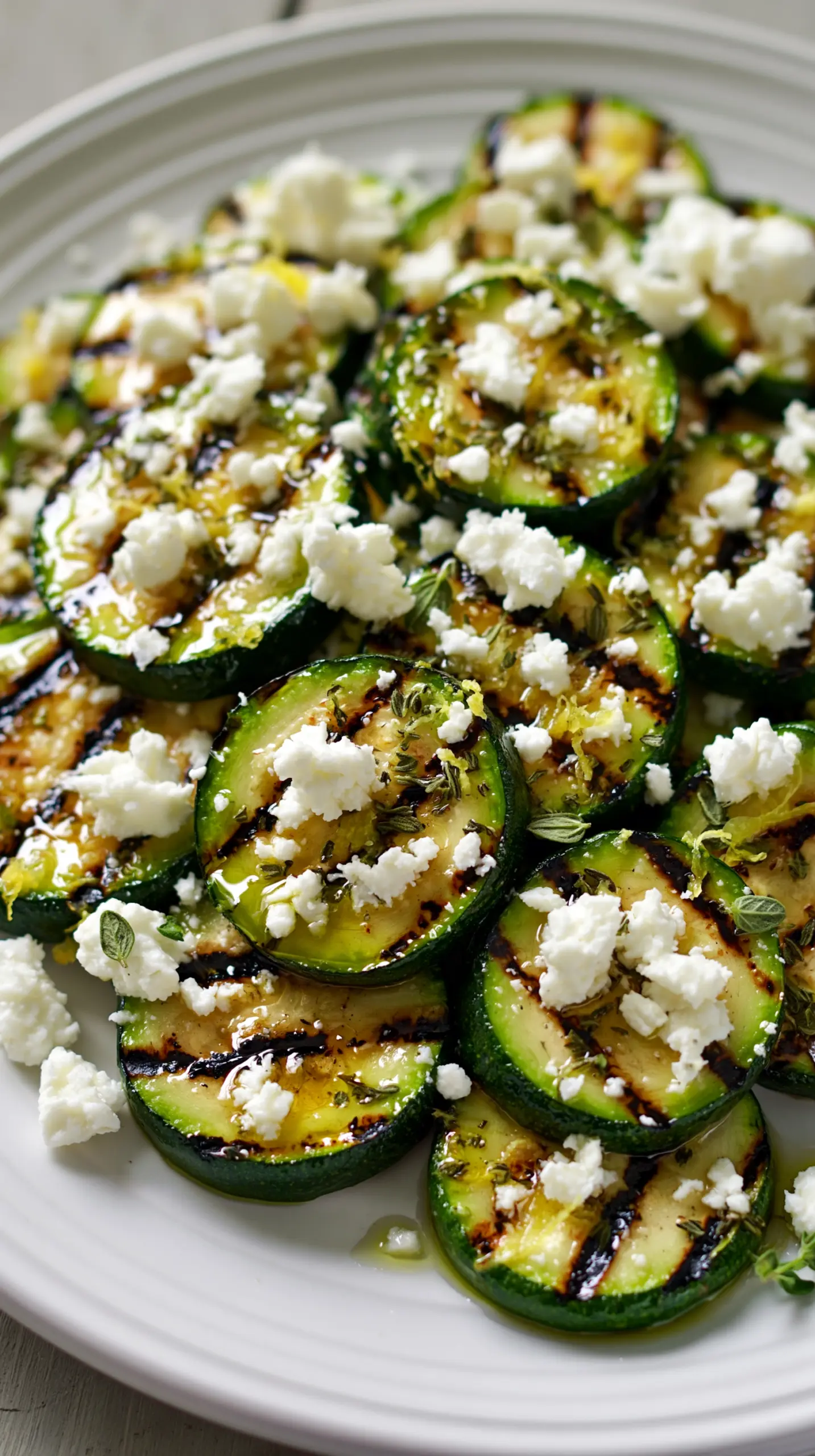 Serving suggestion for Easy Summer Grilled Zucchini with Lemon and Feta — grilled zucchini