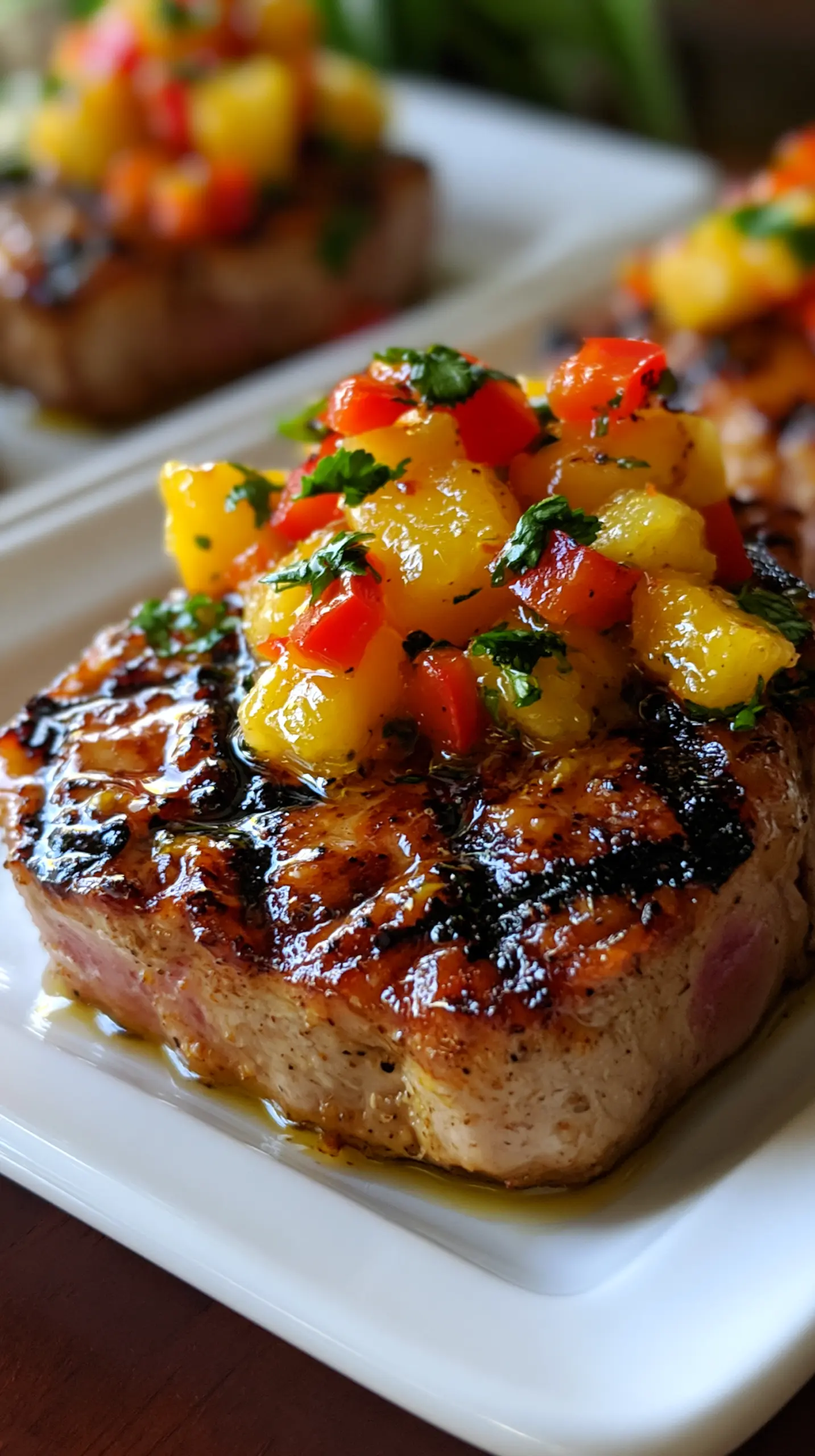 Serving suggestion for Healthy Grilled Tuna Steaks with Pineapple Salsa — grilled tuna steaks