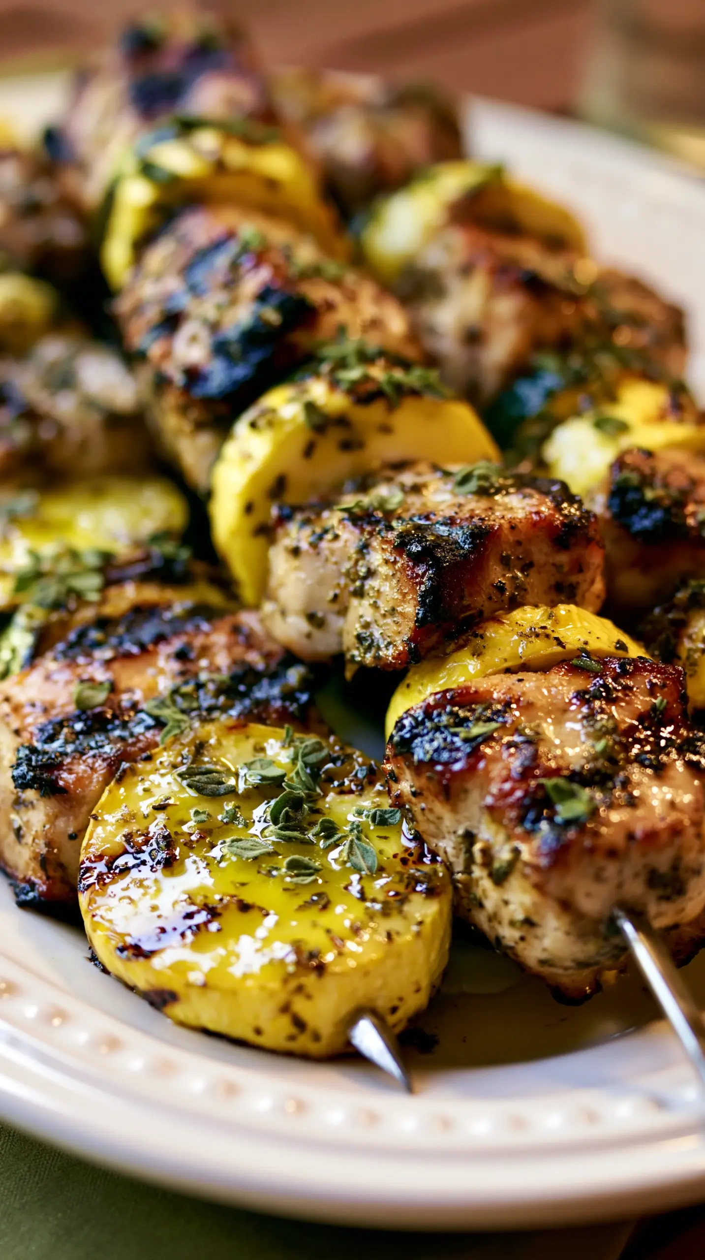 Serving suggestion for Healthy Summer Squash and Grilled Turkey Skewers — grilled turkey skewers