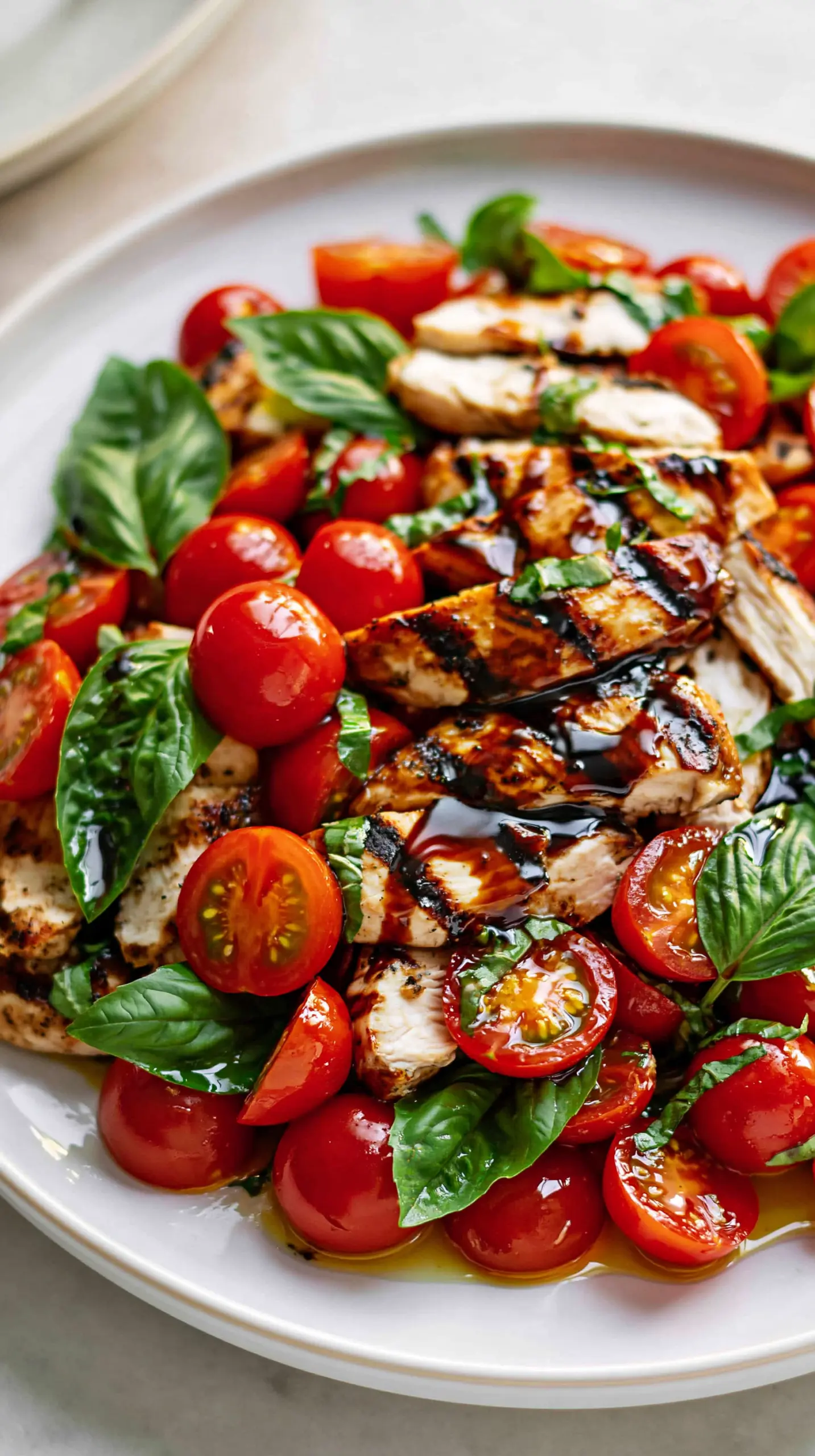 Healthy Summer Tomato and Basil Salad with Grilled Chicken Serving suggestion for Healthy Summer Tomato and Basil Salad with Grilled Chicken — summer tomato and basil salad