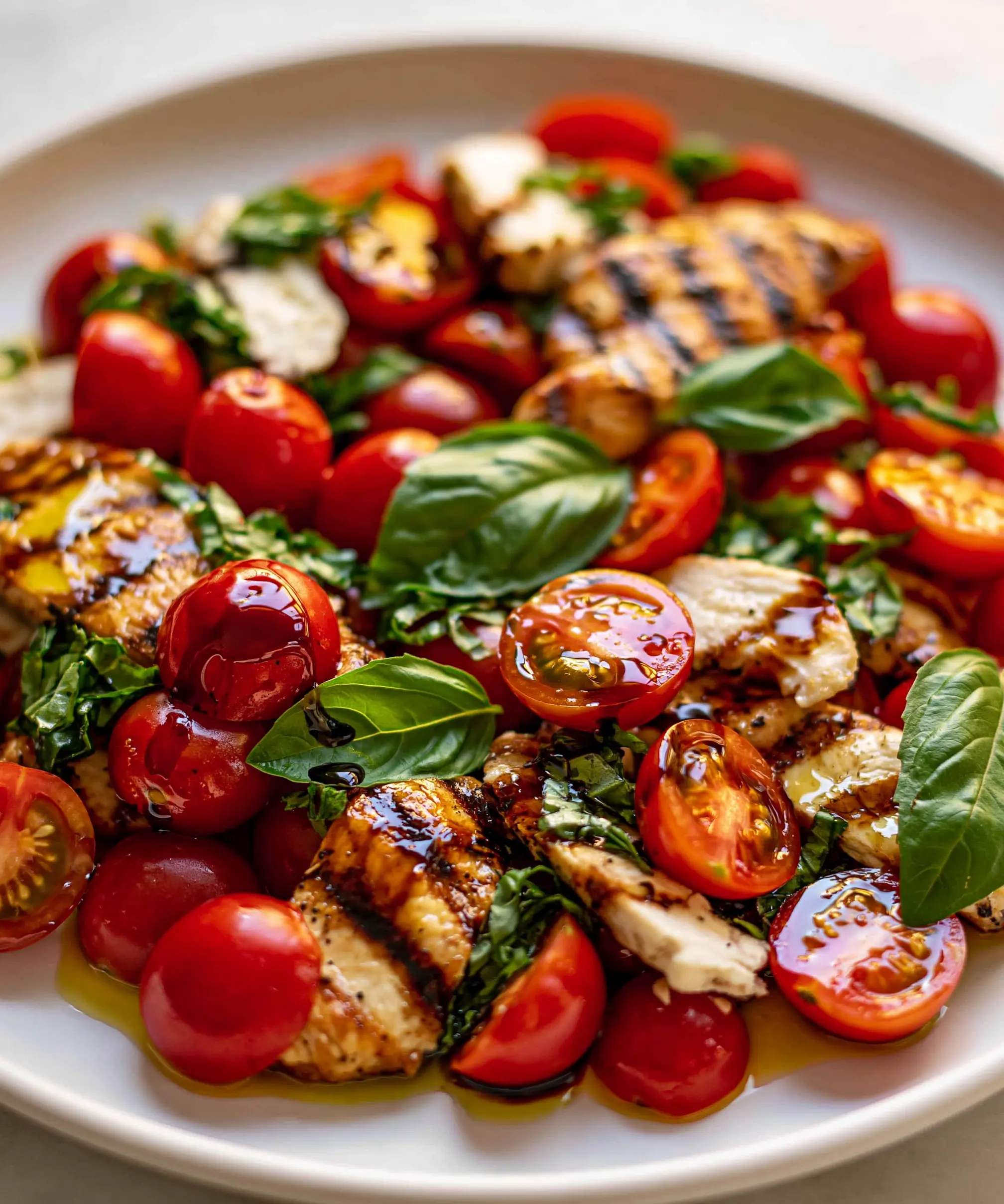Healthy Summer Tomato and Basil Salad with Grilled Chicken — homemade summer tomato and basil salad recipe
