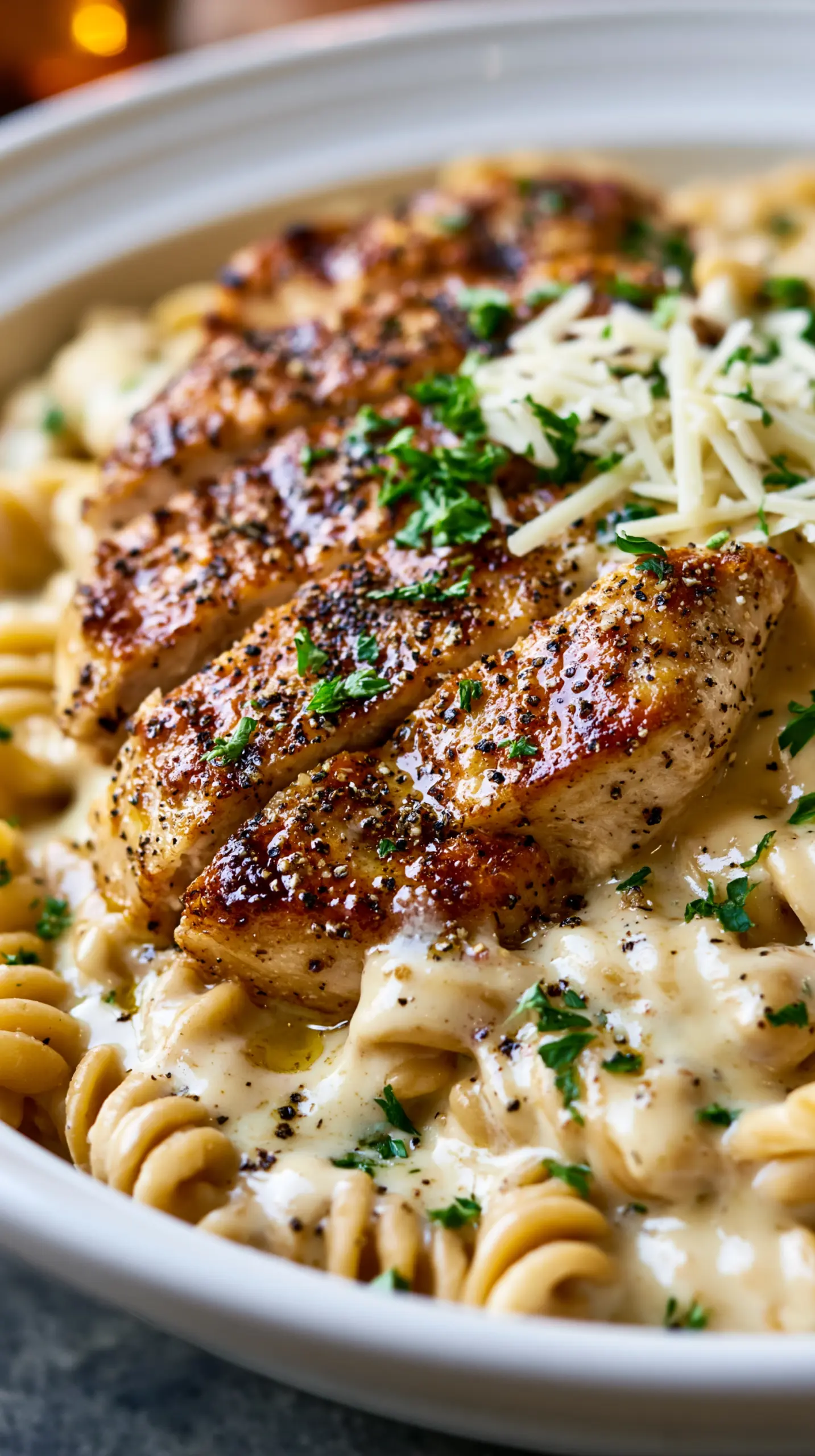 High Protein Grilled Chicken Alfredo Pasta Serving suggestion for High Protein Grilled Chicken Alfredo Pasta — high protein grilled chicken alfredo