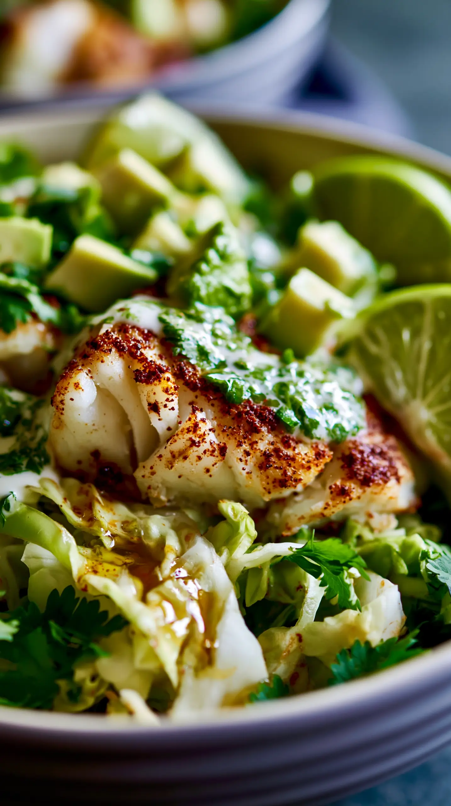 Serving suggestion for Low-Carb Fish Taco Bowls — low-carb fish taco bowls