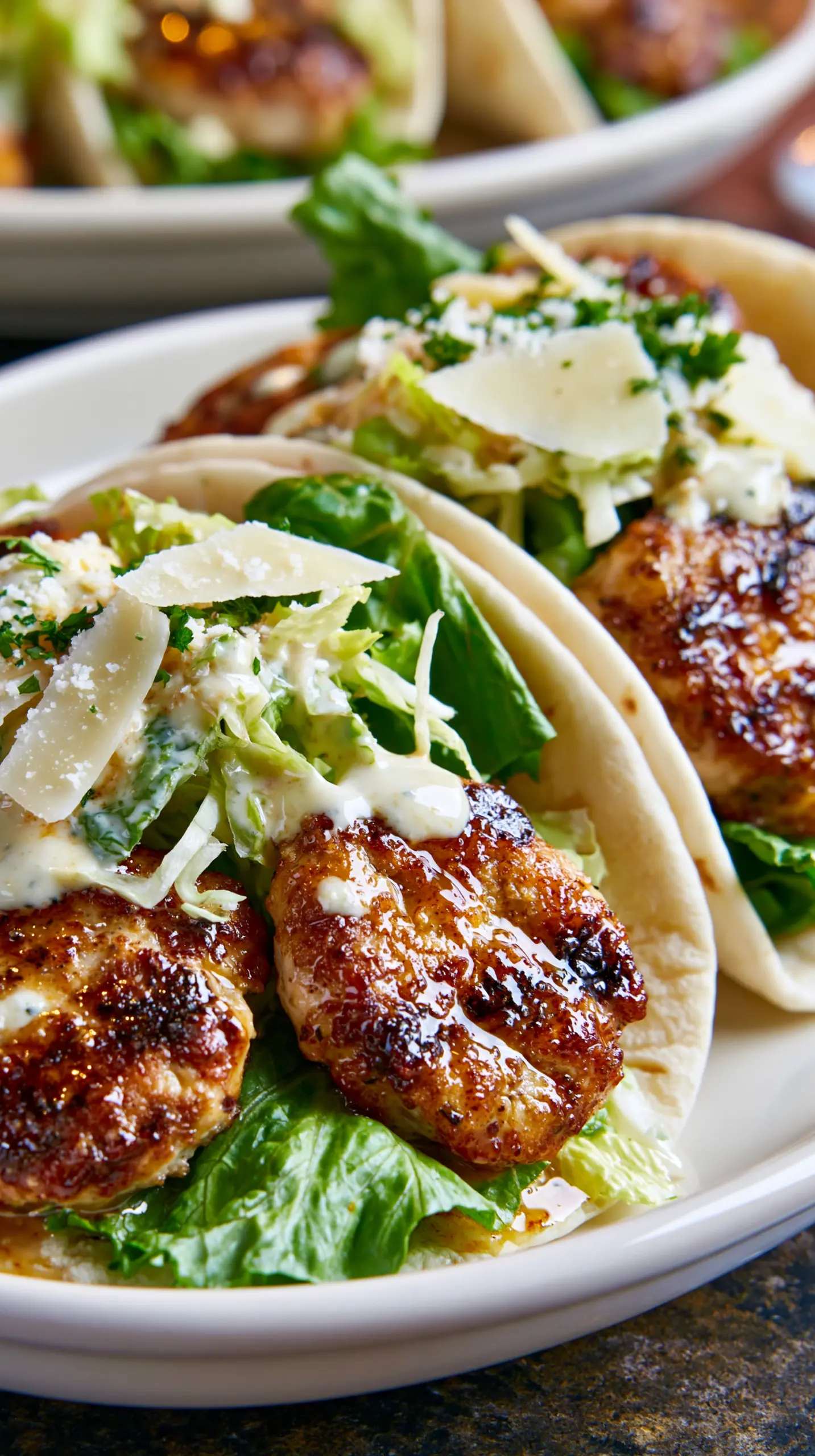 Smash Chicken Caesar Tacos Serving suggestion for Smash Chicken Caesar Tacos — smash chicken caesar tacos