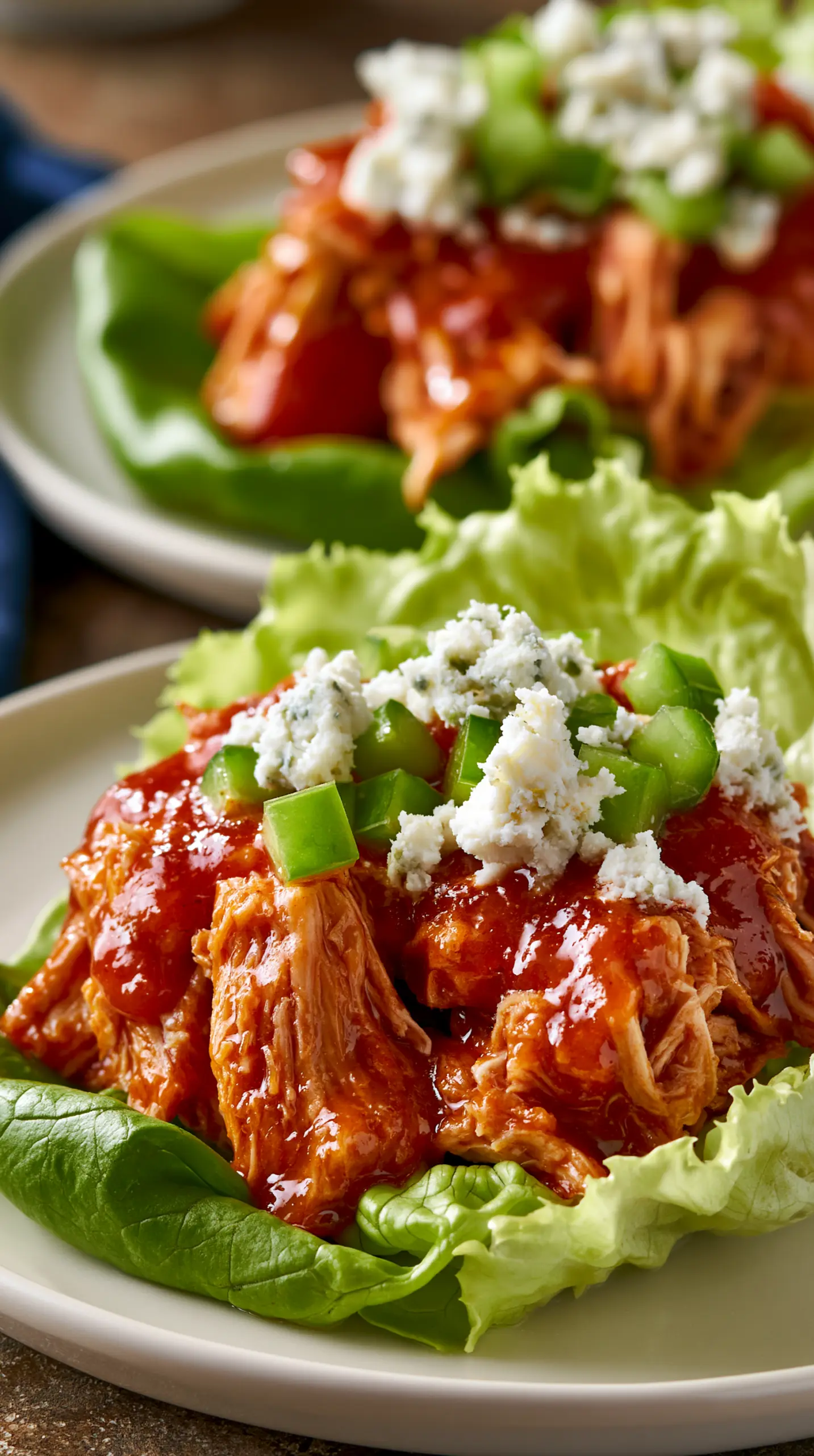 Spicy Buffalo Pulled Chicken Lettuce Wraps Serving suggestion for Spicy Buffalo Pulled Chicken Lettuce Wraps — buffalo chicken lettuce wraps