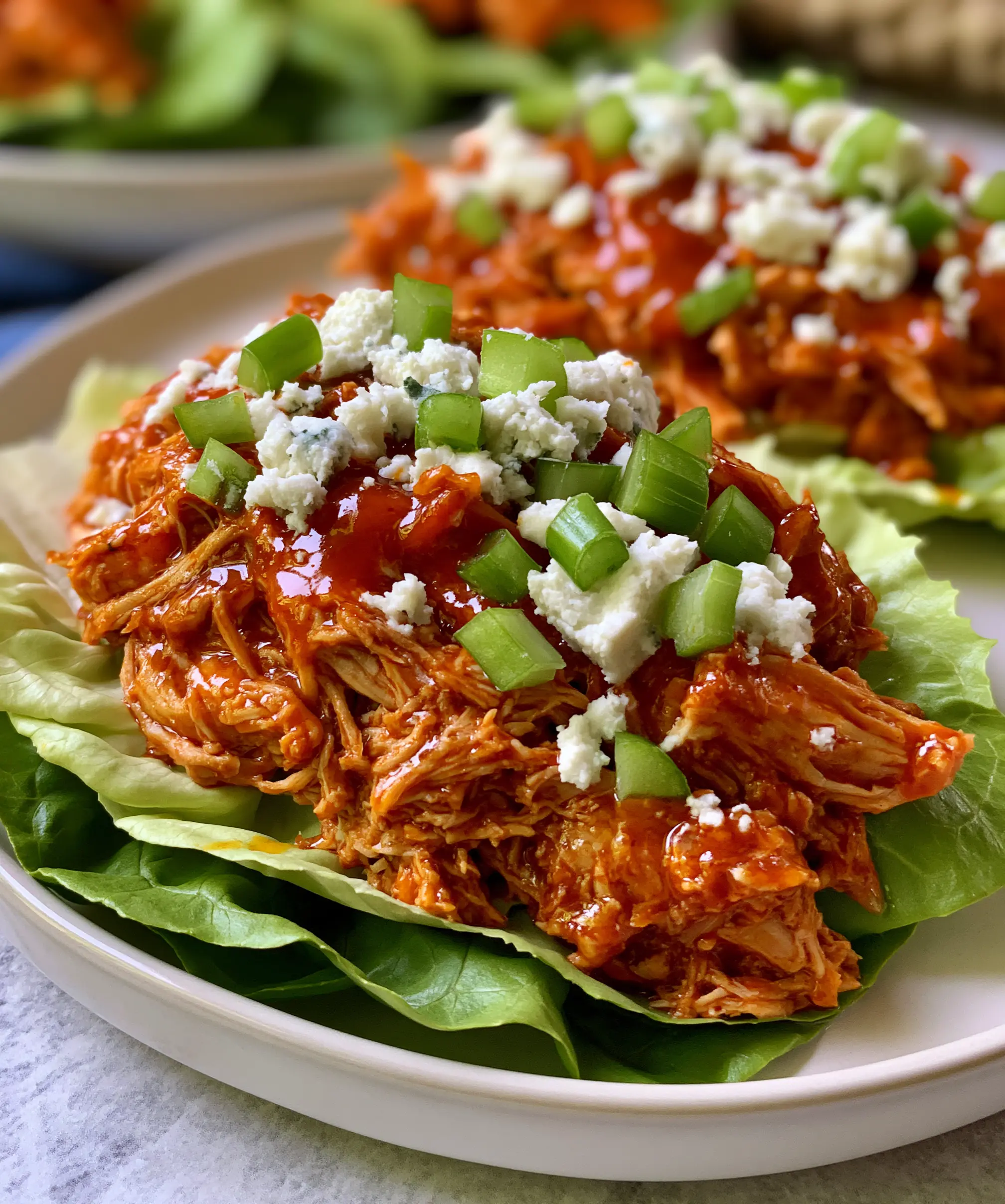 Spicy Buffalo Pulled Chicken Lettuce Wraps — homemade buffalo chicken lettuce wraps recipe