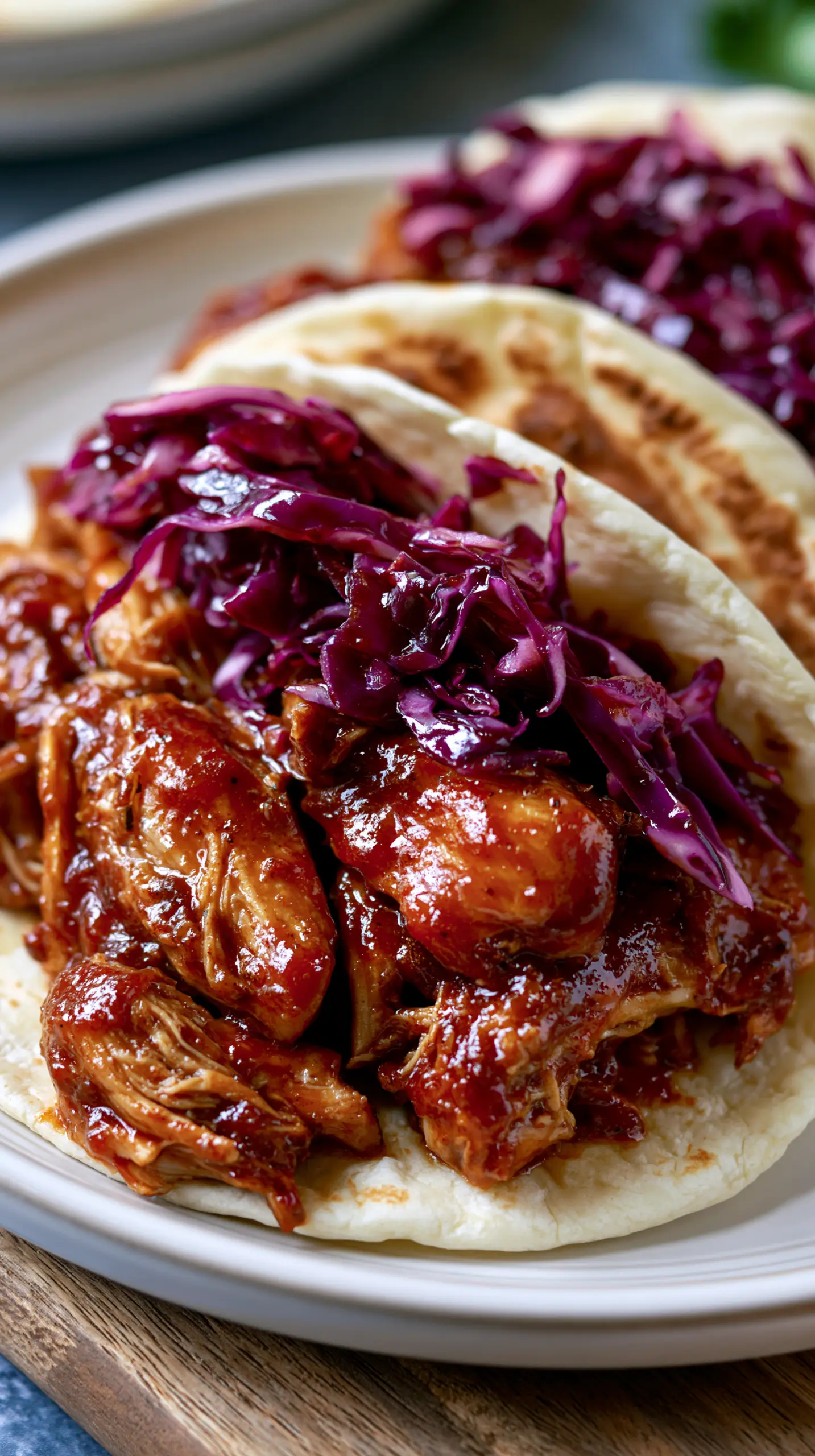 Serving suggestion for Sweet and Spicy BBQ Pulled Chicken Tacos — BBQ pulled chicken tacos