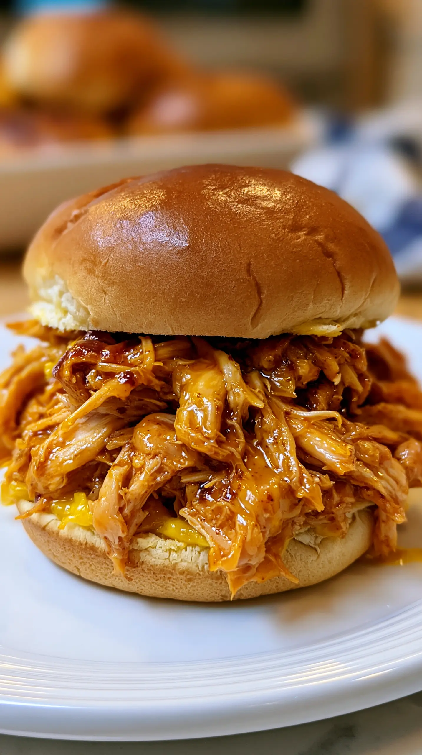 Tangy Mustard BBQ Pulled Chicken Sandwiches Serving suggestion for Tangy Mustard BBQ Pulled Chicken Sandwiches — mustard BBQ pulled chicken