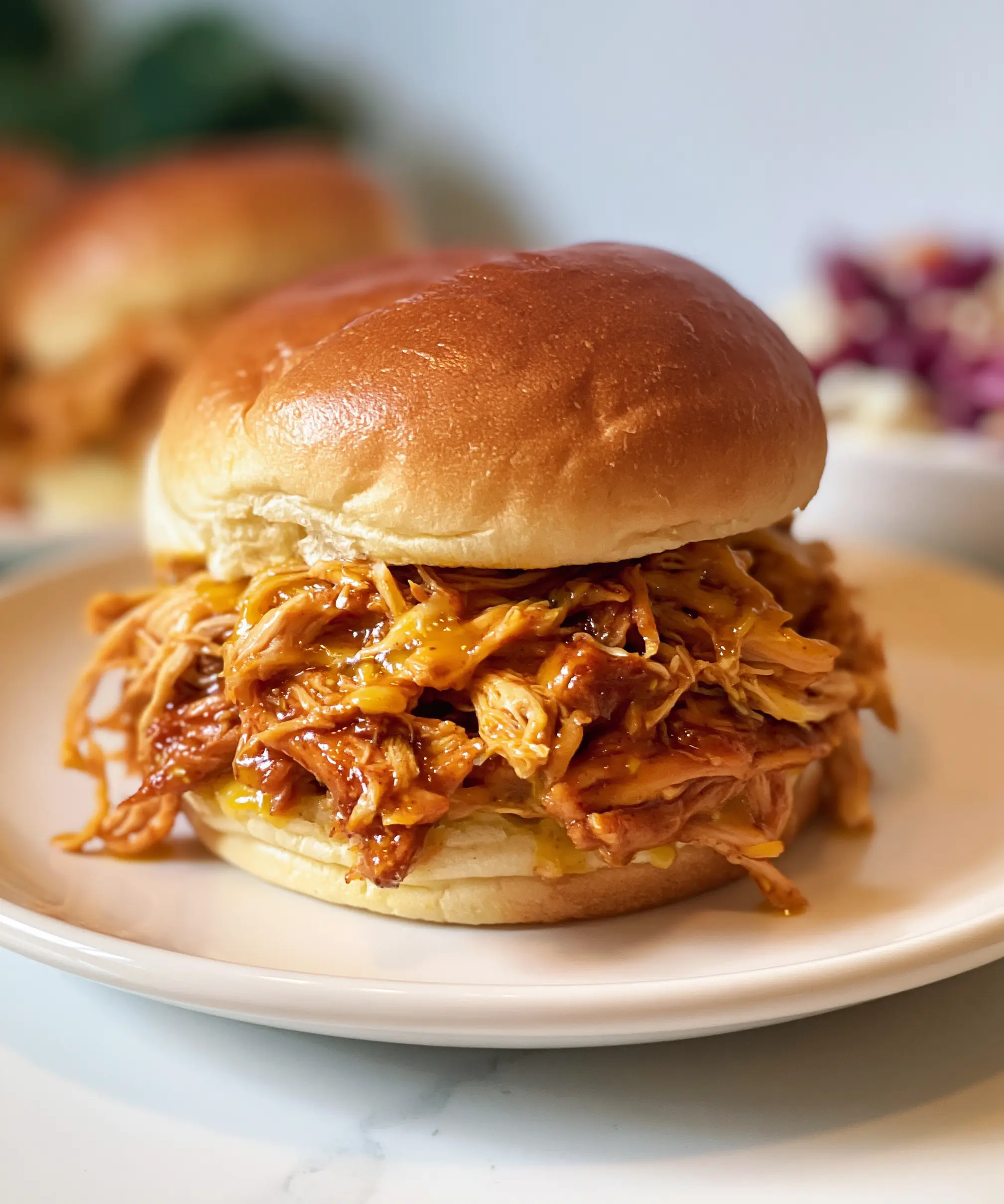 Tangy Mustard BBQ Pulled Chicken Sandwiches — homemade mustard BBQ pulled chicken recipe