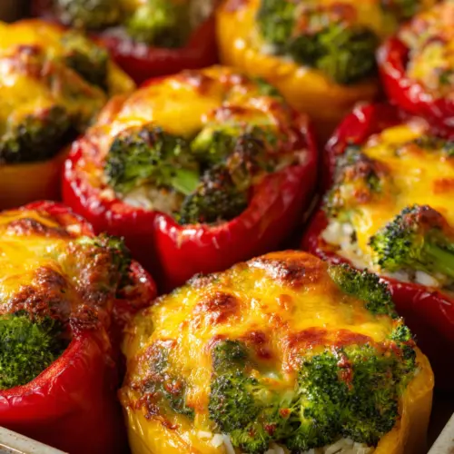 Cheesy Broccoli and Rice Stuffed Peppers — homemade broccoli and rice stuffed peppers recipe
