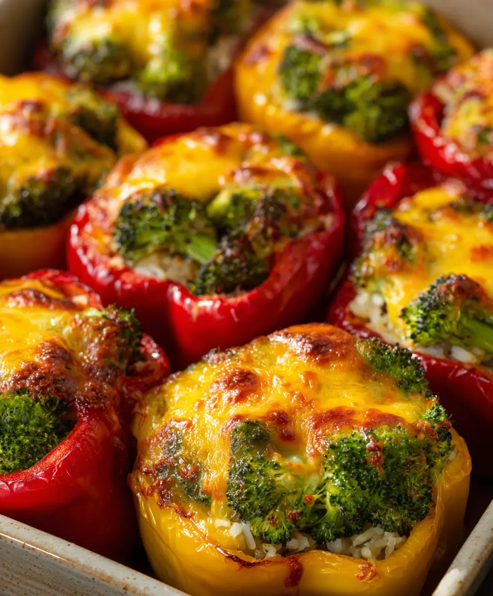 Cheesy Broccoli and Rice Stuffed Peppers — homemade broccoli and rice stuffed peppers recipe