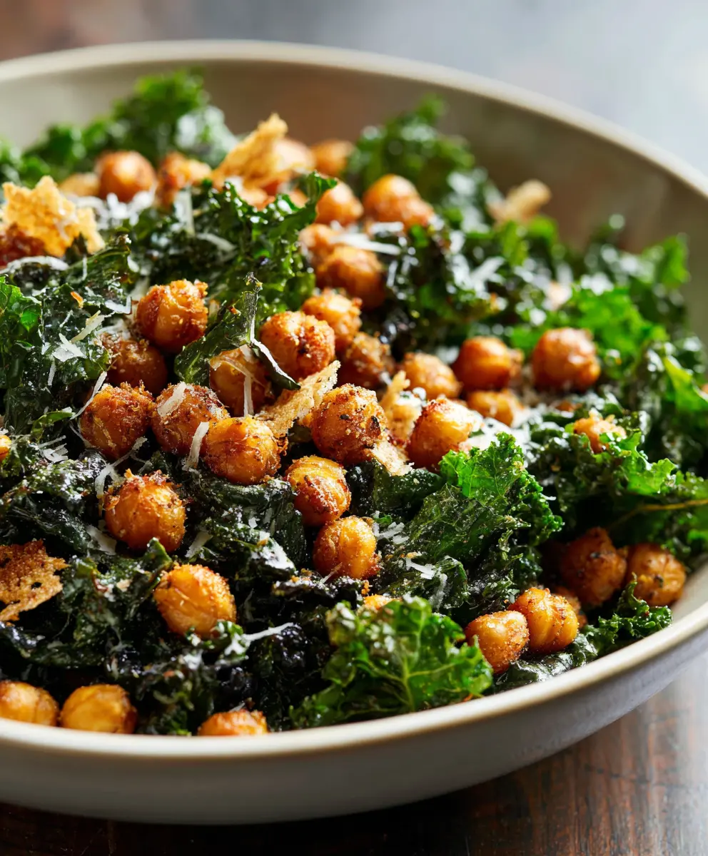 Chickpea Kale Caesar Salad with Parmesan Crisps — homemade Chickpea Kale Caesar Salad recipe