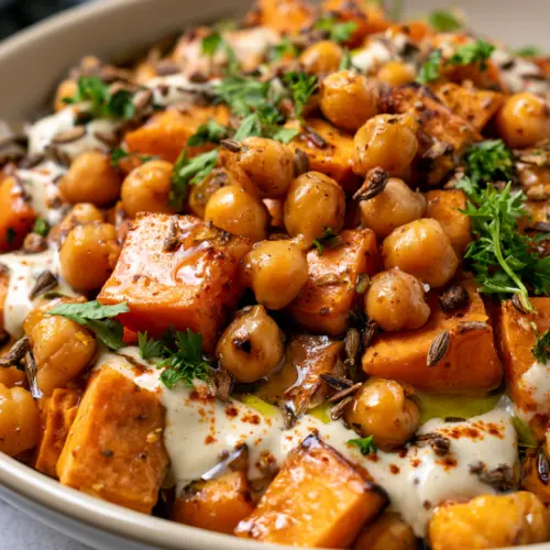 Chickpea & Roasted Sweet Potato Salad with Tahini — homemade Chickpea & Roasted Sweet Potato Salad recipe