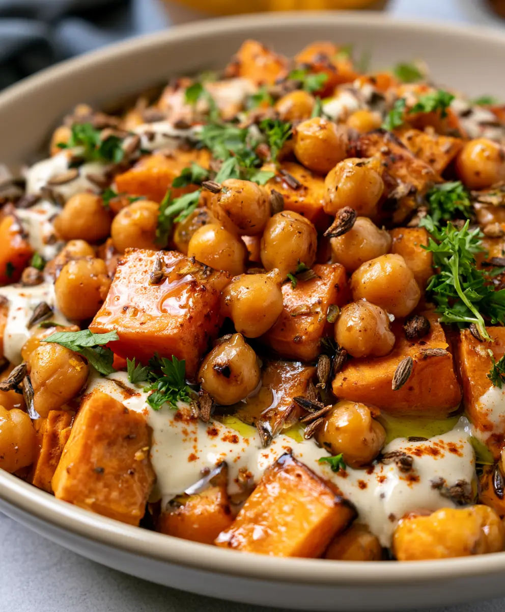 Chickpea & Roasted Sweet Potato Salad with Tahini — homemade Chickpea & Roasted Sweet Potato Salad recipe