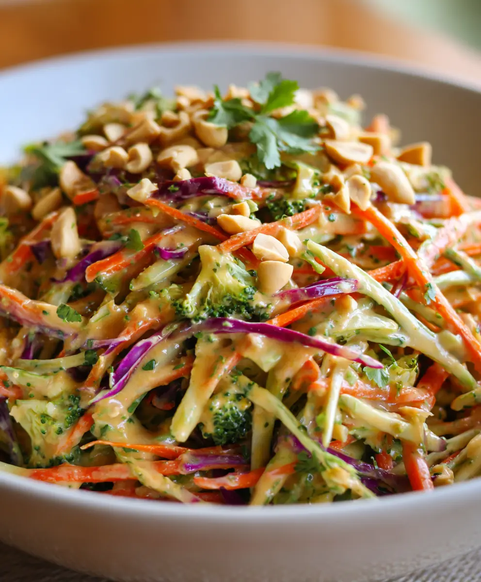 Crunchy Broccoli Slaw with Peanut Dressing — homemade broccoli slaw with peanut dressing recipe