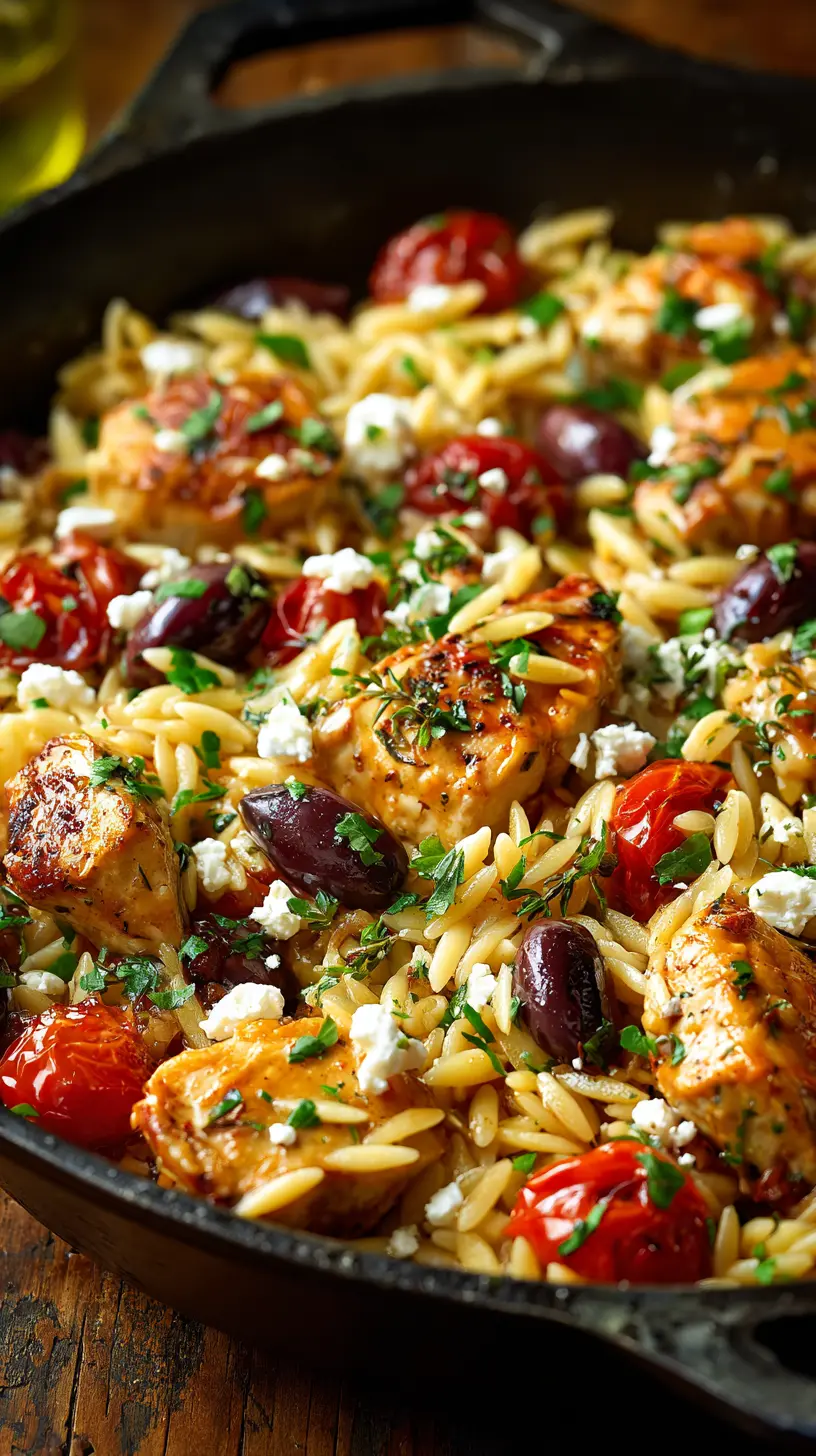 Serving suggestion for Greek Chicken & Orzo One-Pan Skillet — Greek chicken and orzo skillet