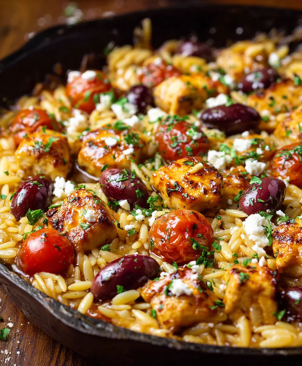 Greek Chicken & Orzo One-Pan Skillet — homemade Greek chicken and orzo skillet recipe