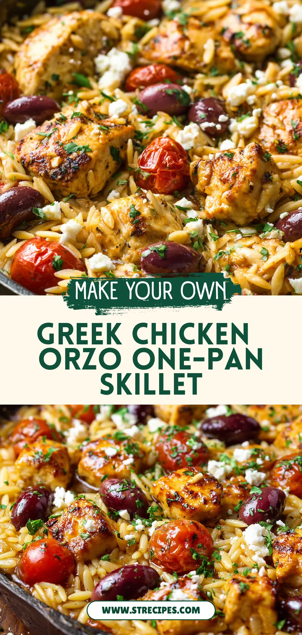 Greek Chicken & Orzo One-Pan Skillet — homemade Greek chicken and orzo skillet recipe