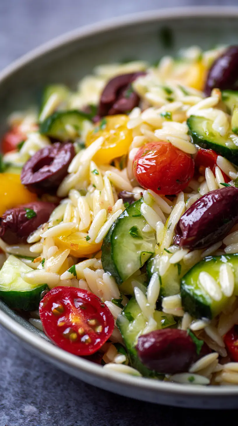 Greek Orzo Salad with Lemon Vinaigrette Serving suggestion for Greek Orzo Salad with Lemon Vinaigrette — Greek orzo salad