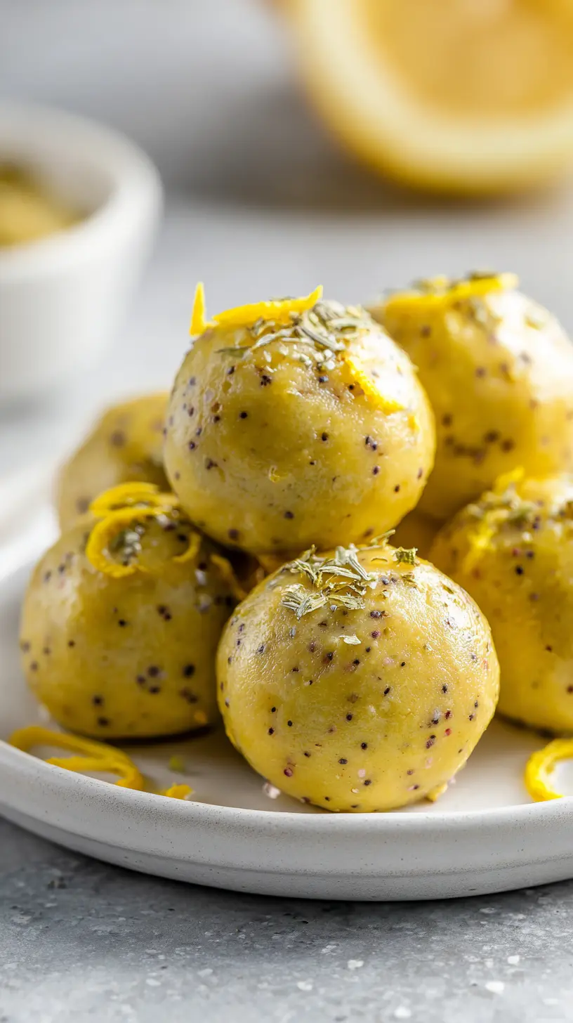 Lemon Poppyseed Protein Bites Serving suggestion for Lemon Poppyseed Protein Bites — lemon poppyseed protein bites