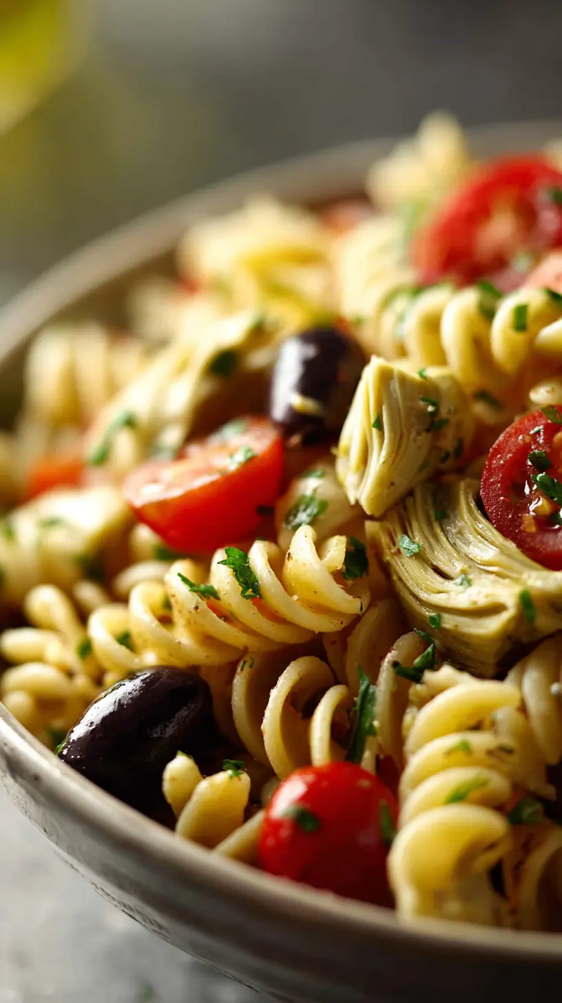 Serving suggestion for Mediterranean Pasta Salad with Artichokes & Olives — Mediterranean pasta salad