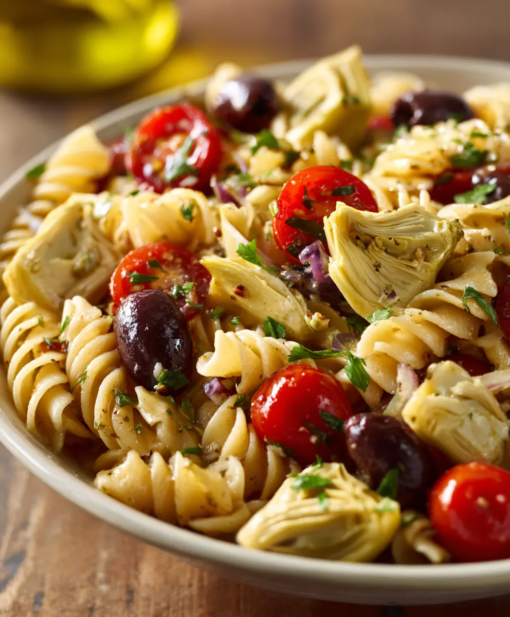 Mediterranean Pasta Salad with Artichokes & Olives — homemade Mediterranean pasta salad recipe