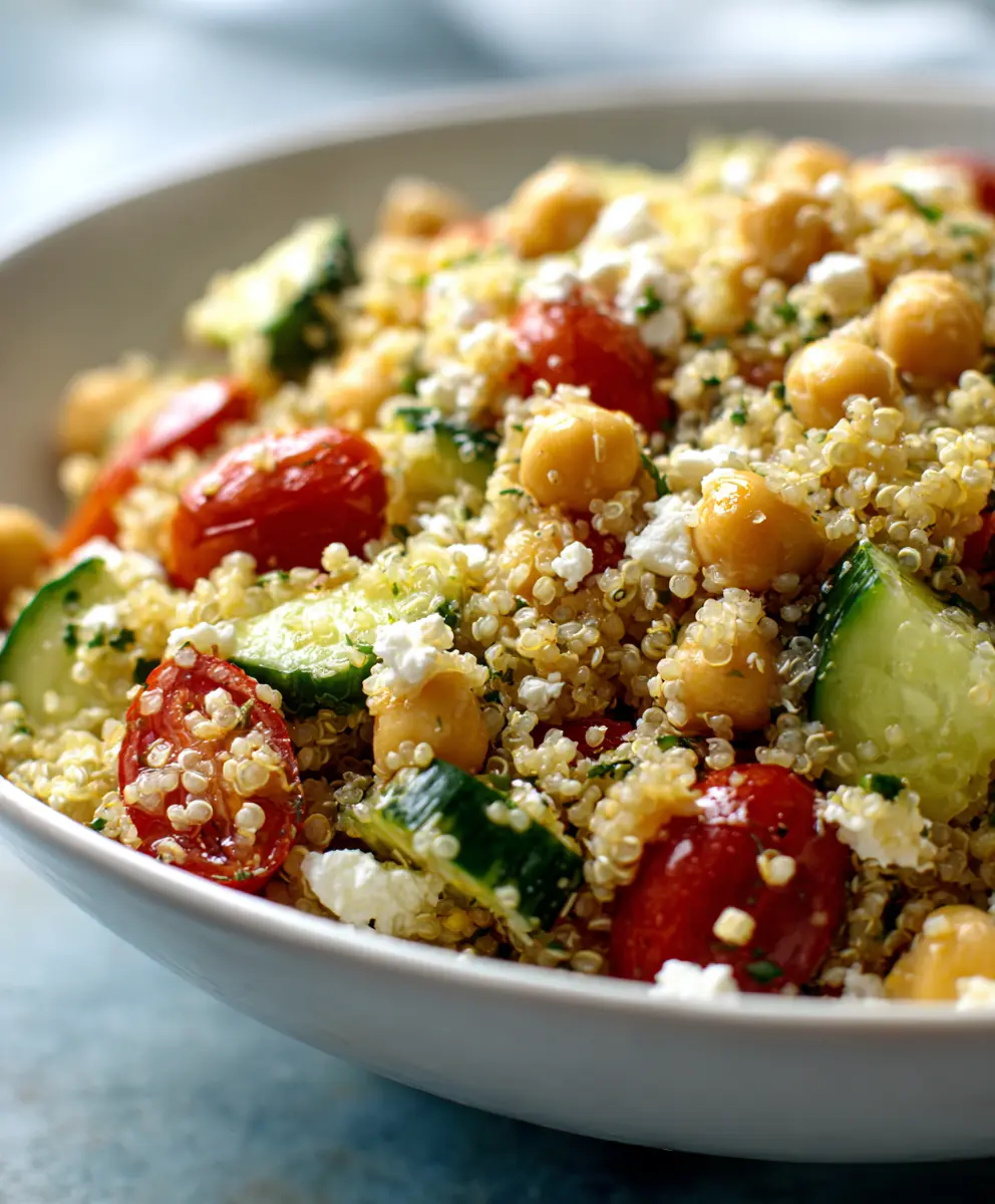 Mediterranean Quinoa and Chickpea Salad with Lemon Herb Dressing — homemade Mediterranean quinoa and chickpea salad recipe