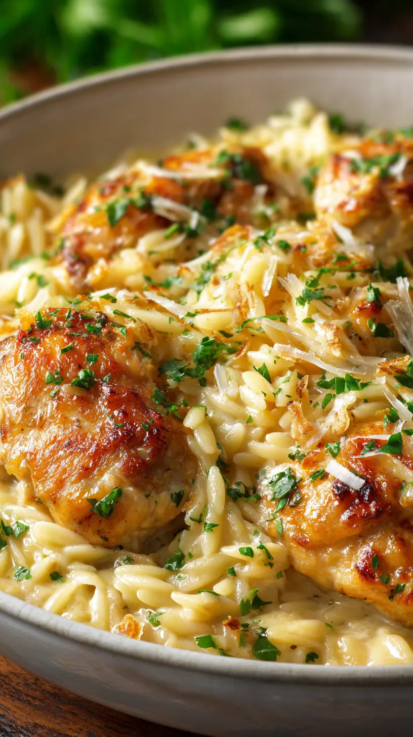 Serving suggestion for One-Pan Creamy Garlic Chicken and Orzo — one-pan creamy garlic chicken and orzo
