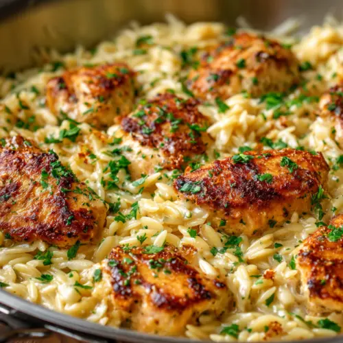 One-Pan Creamy Garlic Chicken and Orzo — homemade one-pan creamy garlic chicken and orzo recipe