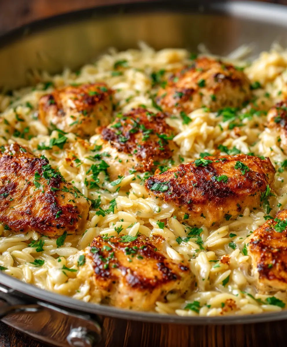 One-Pan Creamy Garlic Chicken and Orzo — homemade one-pan creamy garlic chicken and orzo recipe