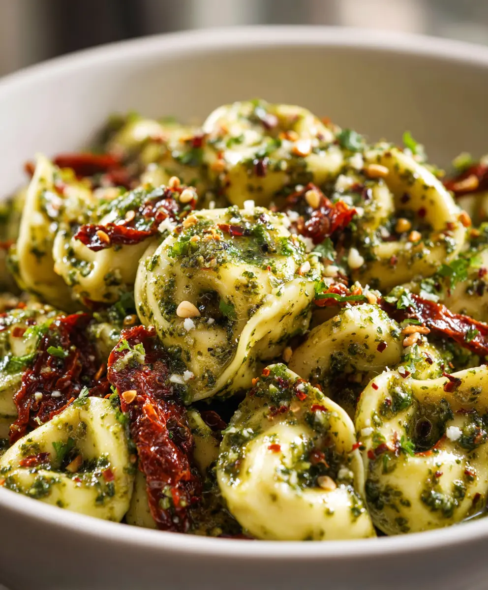 Pesto Tortellini Salad with Sun-Dried Tomatoes — homemade Pesto Tortellini Salad recipe