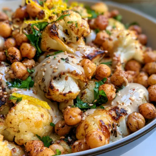 Roasted Cauliflower and Chickpea Salad with Tahini — homemade roasted cauliflower and chickpea salad recipe