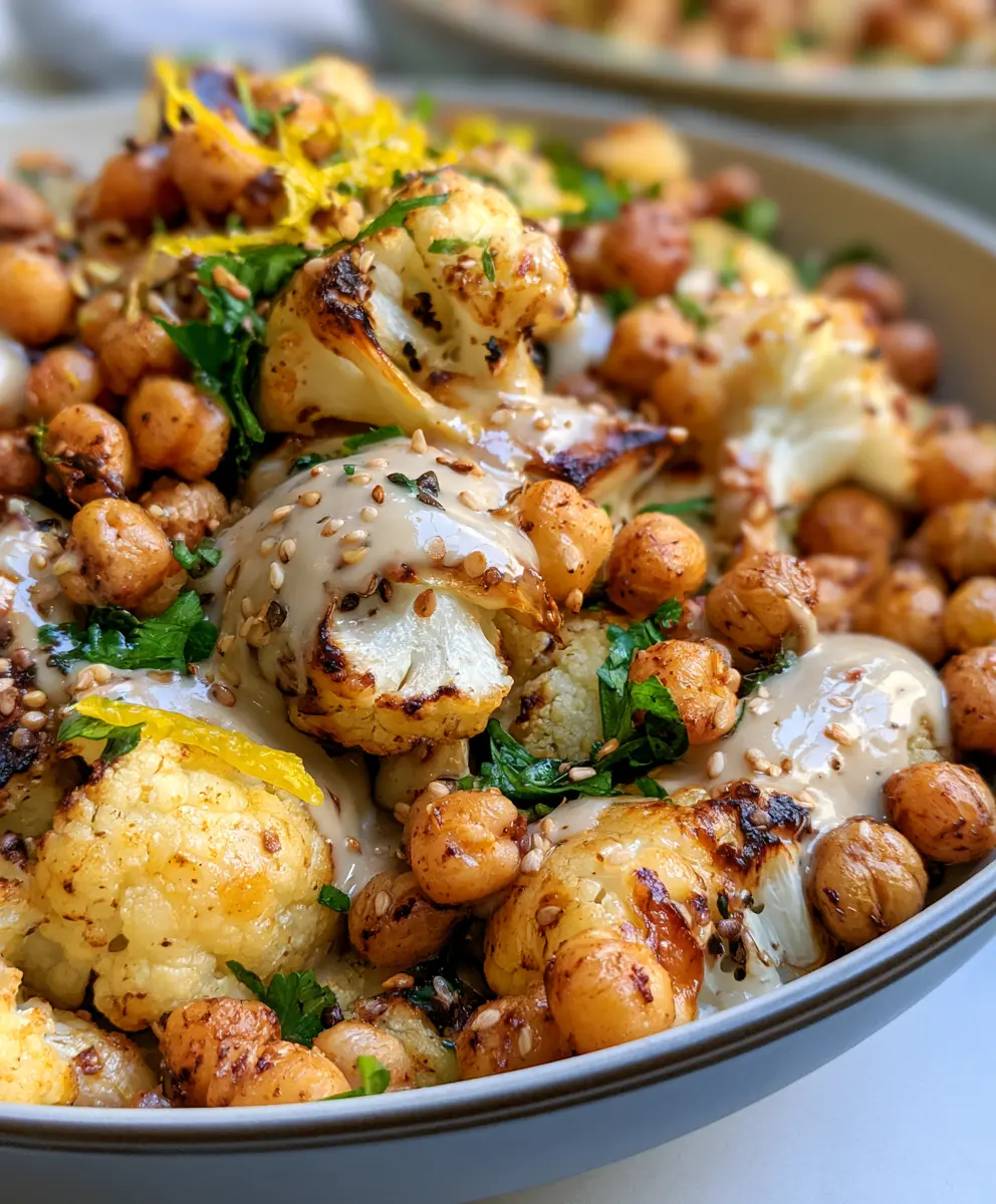 Roasted Cauliflower and Chickpea Salad with Tahini — homemade roasted cauliflower and chickpea salad recipe