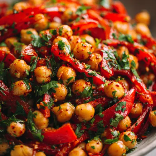 Roasted Red Pepper & Chickpea Salad with Smoked Paprika — homemade roasted red pepper and chickpea salad recipe