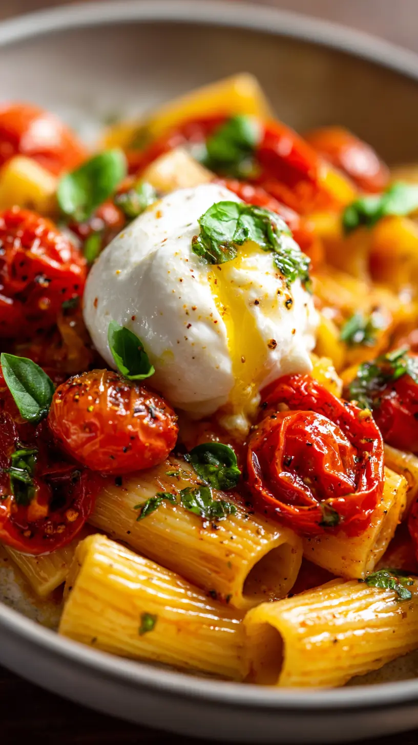 Serving suggestion for Roasted Tomato Basil Pasta with Burrata — roasted tomato basil pasta