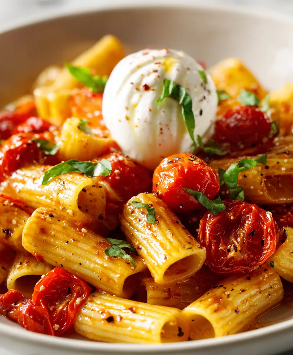 Roasted Tomato Basil Pasta with Burrata — homemade roasted tomato basil pasta recipe