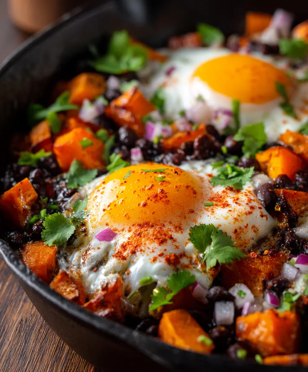 Sweet Potato Black Bean Skillet with Fried Egg — homemade sweet potato black bean skillet recipe