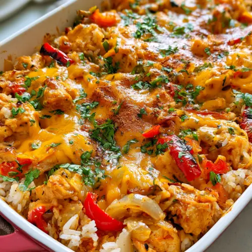 Cheesy Fajita Chicken and Rice Casserole — homemade cheesy fajita chicken and rice casserole recipe