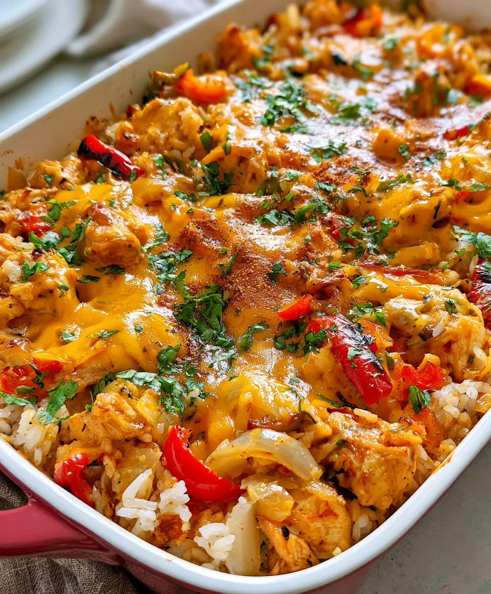 Cheesy Fajita Chicken and Rice Casserole — homemade cheesy fajita chicken and rice casserole recipe